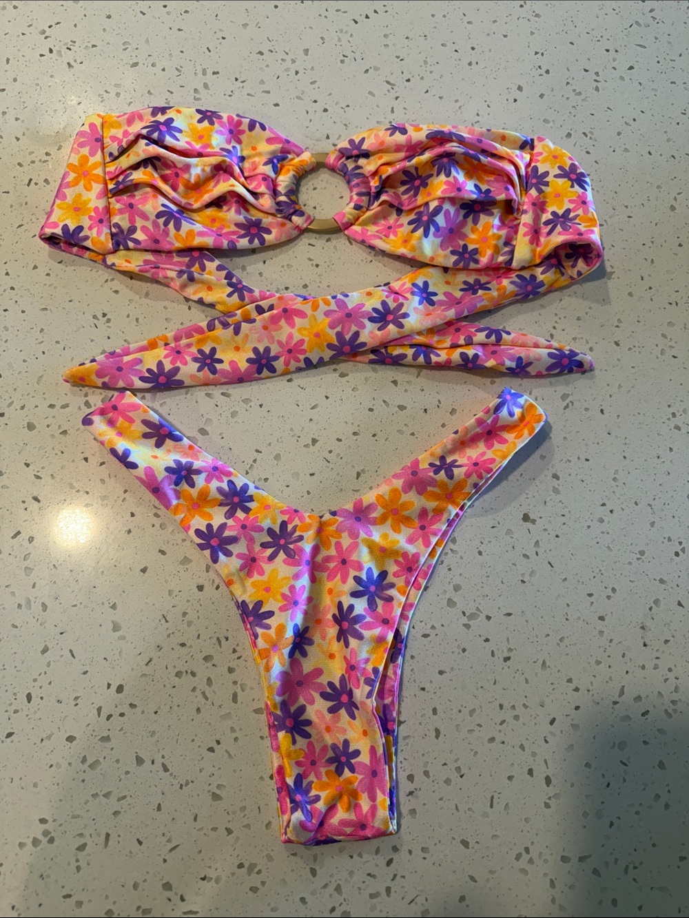 Kulani Kinis Floral Ring-Front Bikini - Pink, Purple & Yellow